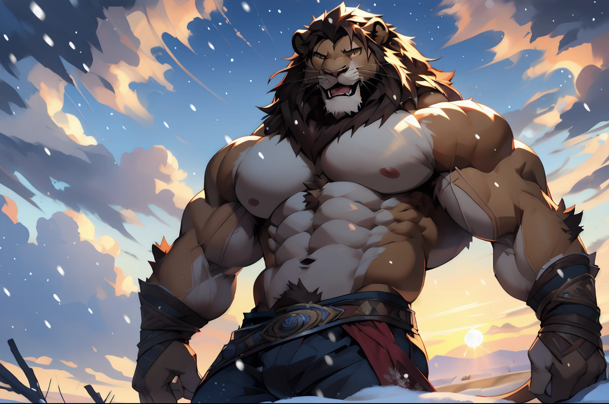muscular feral:1 lion posing for the camera. 4k, high resolution, best quality, perfect colors, perfect shadows, perfect lighting, posted on e621, furry body, feral lion, quadruped lion, solo, male, adult, masculine, (muscular, dense build:1.4, muscular shoulders, strong pecs), correct anatomy, (photorealistic fur, detailed fur, epic, masterpiece:1.2), (detailed winter background, snowing, cloudy sky, sunset), sexy shadows, (by echin, by Taran Fiddler, by vorusuarts, by Traver009, by Juiceps), (detailed eyes:1.2), impressive physique, confident pose, strong pose, confident face, proud, detailed eyes, looking at camera, close-up, open mouth, low-angle shot