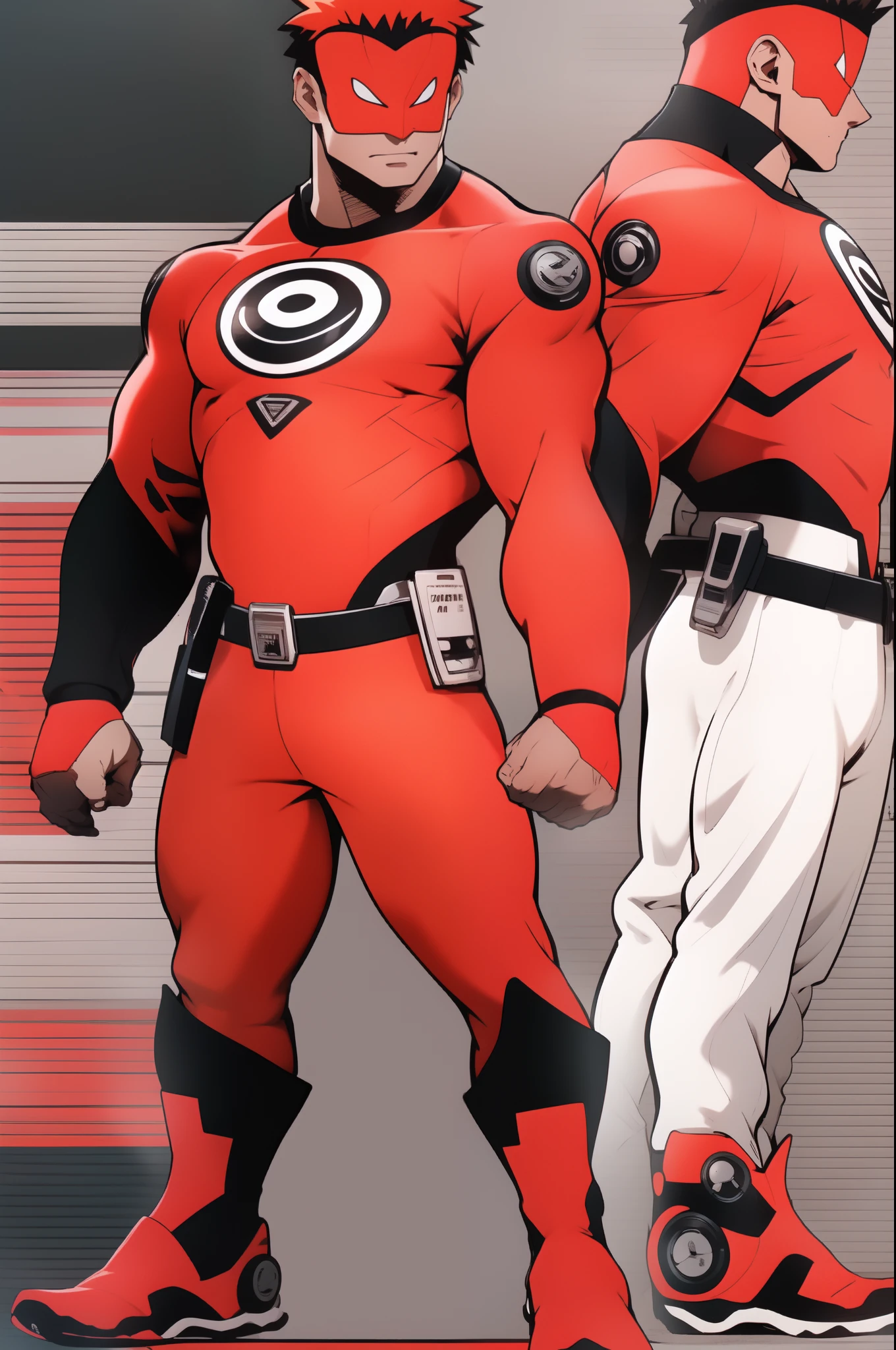 Anime style art, anime style drawing, front image, full body, muscular male character, protagonist, yellow eyes, short hair, hair with spikes, short hair, muscular character, wearing red long sleeve shirt, black sleeves, wearing gray pants, wearing white sneakers. Full body image, frontal image, protagonist character, heroic character, intimidating posture, muscular character, bodybuilder body, frontal image, full body image, Just a persaongem, muscular character!!, full body, assasin,sentai armors, unmasked, flipflops