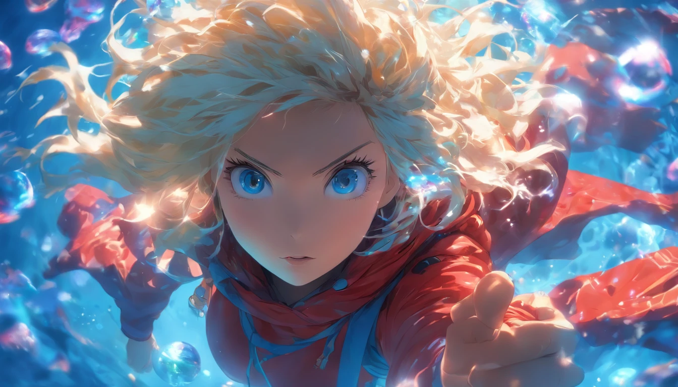 foreshortening,  depth of field, masterpiece, best quality, 1girl, white messy hair, neon blue crystal eyes ,wearing red long scarf, underwater, air bubble, solo, looking at viewer, wearing oversized yellow hoodie , swimming,  dappled sunlight , masterpiece