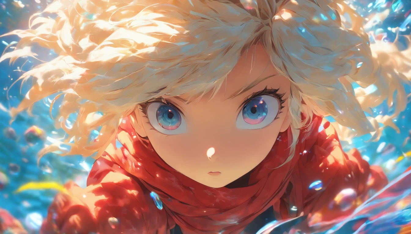 foreshortening, depth of field, masterpiece, best quality, 1girl, white messy hair, neon blue crystal eyes ,wearing red long scarf, underwater, air bubble, solo, looking at viewer, wearing oversized yellow hoodie , swimming, dappled sunlight , masterpiece