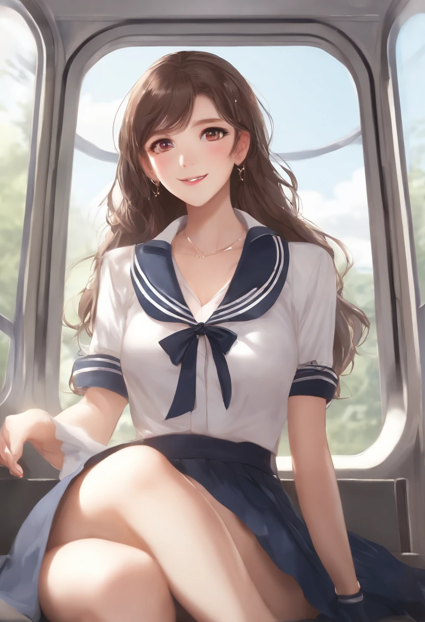 top-quality,ultra-detailliert,masterpiece,realisitic,Photo Real,Bright lighting,1 girl in, an extremely beautiful -yeld gi (kawaii:1.2),Thin smile, (Brown eyes),(brown haired),(bangss),perfect glossy skin,flawless skin,((erotick,Sexy and sexually explicit)),((accurate hands without incongruity)), large full breasts,big breasts thin waist, Look at viewers,((a sailor suit)),((Short sleeve uniform white shirt)),(red necktie),(Blue Mini Pleated Skirt),(((skirt lift by yourself))),(lifted by self),(Showing panties),panties on,panties focus,((Sit up,spread legswide)), sockes, (Black knee socks),(Loafer shoes), during daytime,On the train,Horizontal long seat with your back to the window