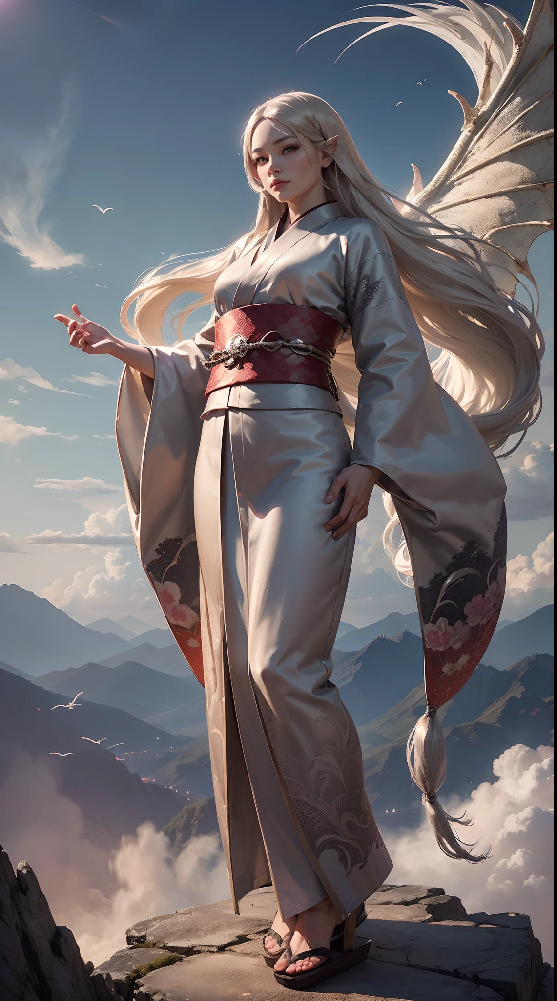 Full body fantasy character half dragon, (serenety face:1.3), (wearing an oriental kimono:1.1), (long silver hair:1.5), (peaceful look:0.6), (standing in the air:1.1), (look at the the viewer:1.3), (sky:1.2), heavenly background, chaotic and intricate background, flare lens, clouds, sunray, lightining, 4k, hyper detailed, hyper realistic, HDR+