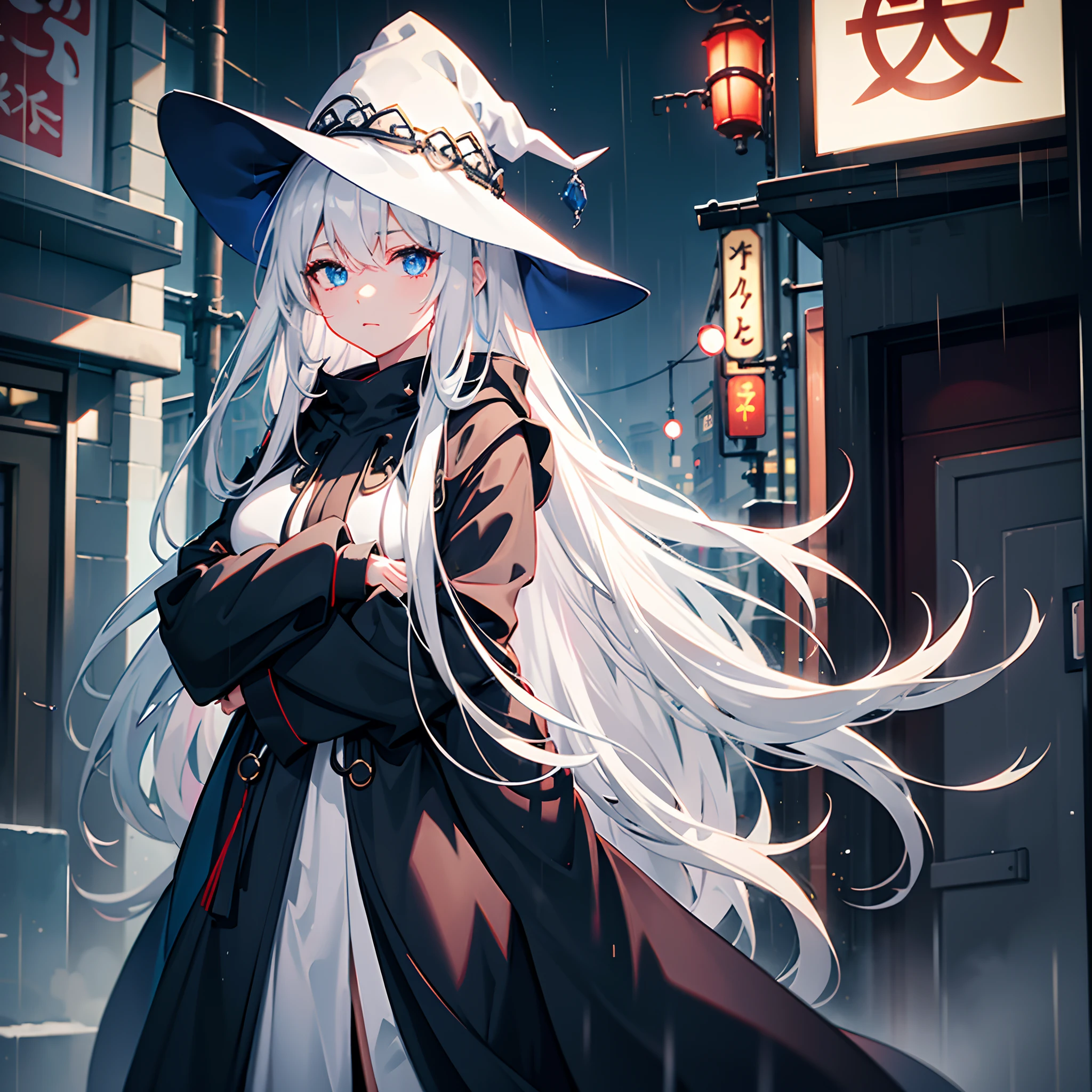 rainy evening、Urban area lined with buildings、Late Night Tokyo、Standing Girl、Wizard black hooded robe、white t-shirts、a black skirt、White hair with red mesh、Blue eyes with highlights、Looking at me with a fleeting expression、Large wizard hat with sapphire accessories、Fantastical