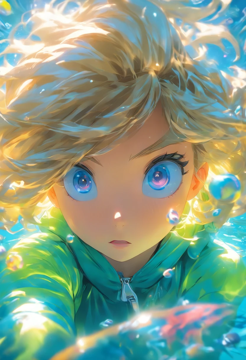 foreshortening, depth of field, masterpiece, best quality, 1girl, white messy hair, neon blue eyes, underwater, air bubble, solo, looking at viewer, wearing oversized yellow hoodie, swimming, dappled sunlight,
