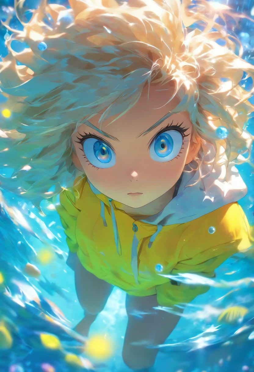 foreshortening, depth of field, masterpiece, best quality, 1girl, white messy hair, neon blue eyes, underwater, air bubble, solo, looking at viewer, wearing oversized yellow hoodie, swimming, dappled sunlight,