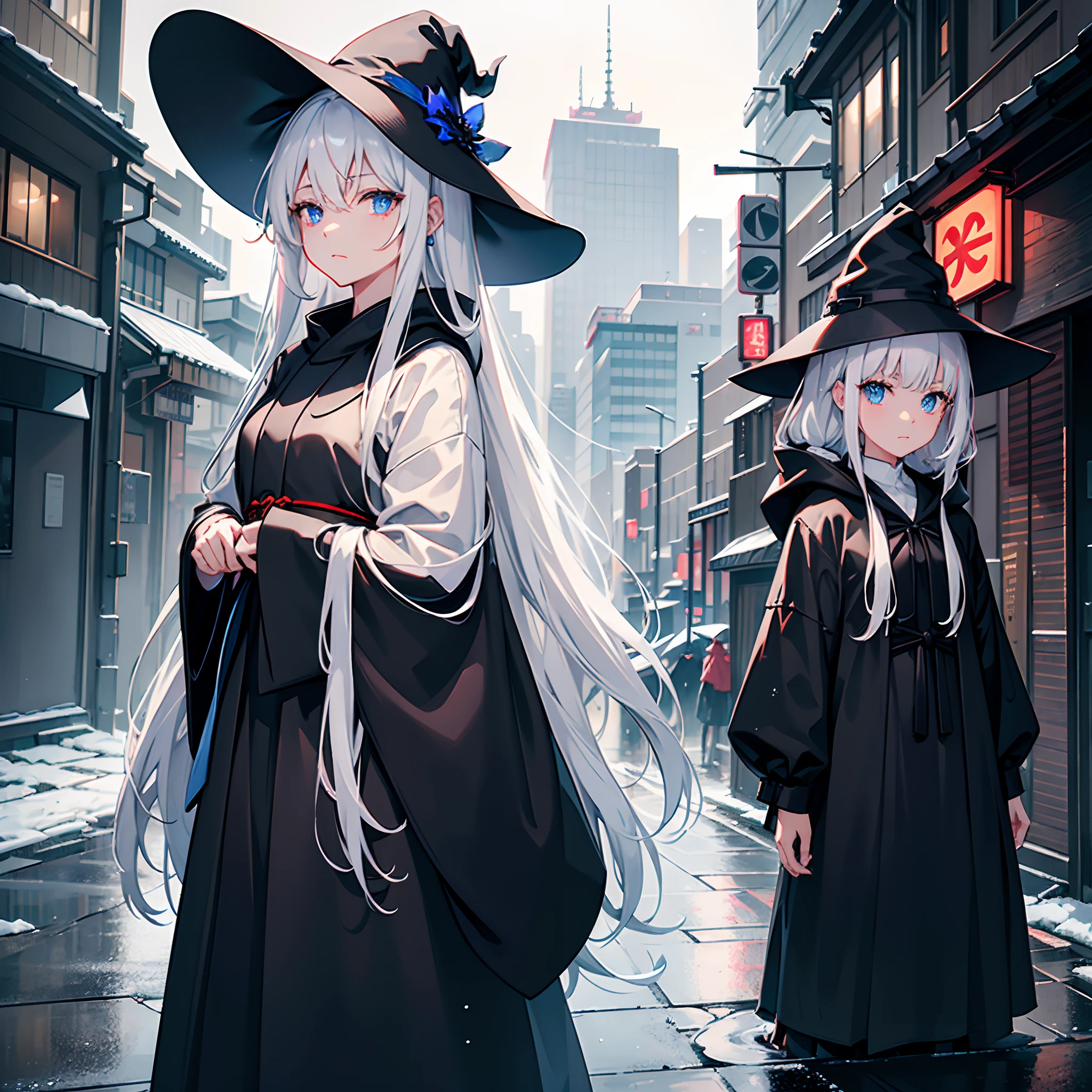 rainy evening、Urban area lined with buildings、Late Night Tokyo、Standing Girl、Wizard black hooded robe、white t-shirts、a black skirt、White hair with red mesh、Blue eyes with highlights、Looking at me with a fleeting expression、Large wizard hat with sapphire accessories、Fantastical