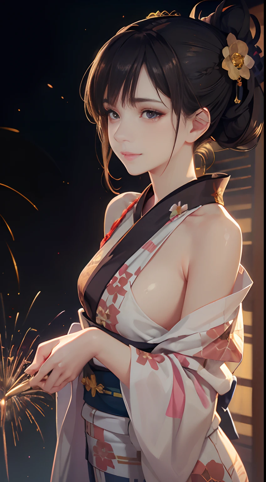 (pre-focus), (Darkness: 1.6), Cinema Lighting, Hyperreality by David Hockney and Alphonse Mucha, Women of Mu, Photoreal, Pale Skin, Dynamic Lighting, Art Station, Posters, Dark Lighting, ((Highly Detailed Face)), Mature Atmosphere, Eye Detail, 8K, One Girl, Cool Beautiful Face, High Nose, Ghibli no face, slender, (((taut)), ((big)), erotic body, stunning proportions, shoulder width, long legs, waist wide size, sexy style, waist constriction, ((small triangular face)), natural makeup, beautiful makeup, narrow eyes, pool, night, (((fireworks)), ((floral pattern yukata)), ((kimono)), waist girdle, Cowboy shot, (formal attire: 1.4), hair detail, hair is up, brown hair, background bokeh, (ultra low angle), frontal shot, small smiles, various poses, (((positive face)), face does not collapse