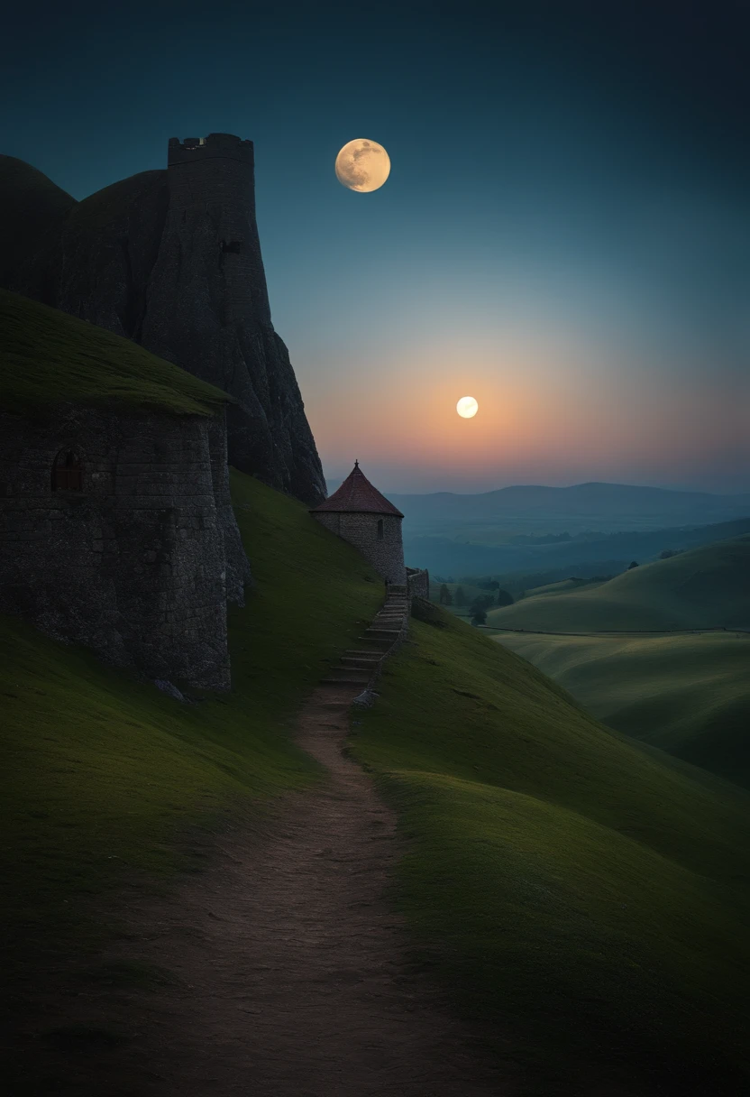 Landscape, hill, moon, light, pale, gloomy, heroic, medieval fantasy, adventurer on the road