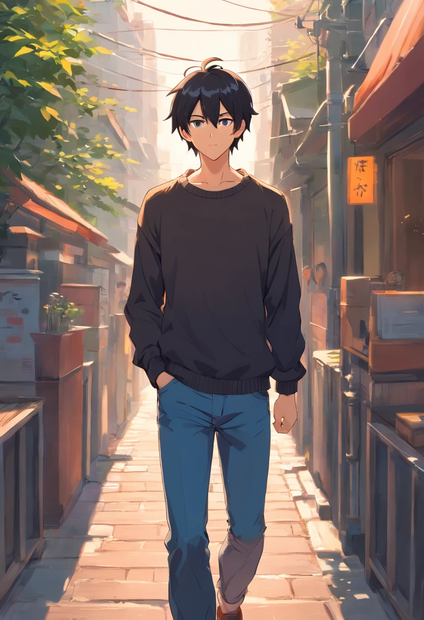Ins style, clean style, complete headshot, a handsome guy, black hair, short hairstyle, masterpiece, hopeful eyes, black sweater and long jeans, hiking shoes, perfect hands and fingers, standing pose, tall guy, adult guy, Sharp eyes, athletic body