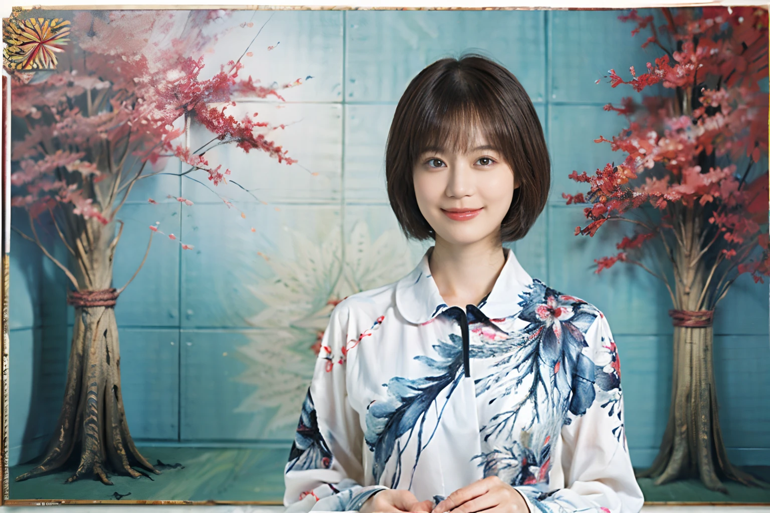 27
(Shorthair:1.23), (a 20 yo woman), (A hyper-realistic), (Masterpiece), (8KUHD), Focus on the face, (Fractal art:1.23),
Graphic long sleeve trainer printed with anime characters, (breast:1.23), (The wall of the room is a fractal abstract painting:1.23), a smile