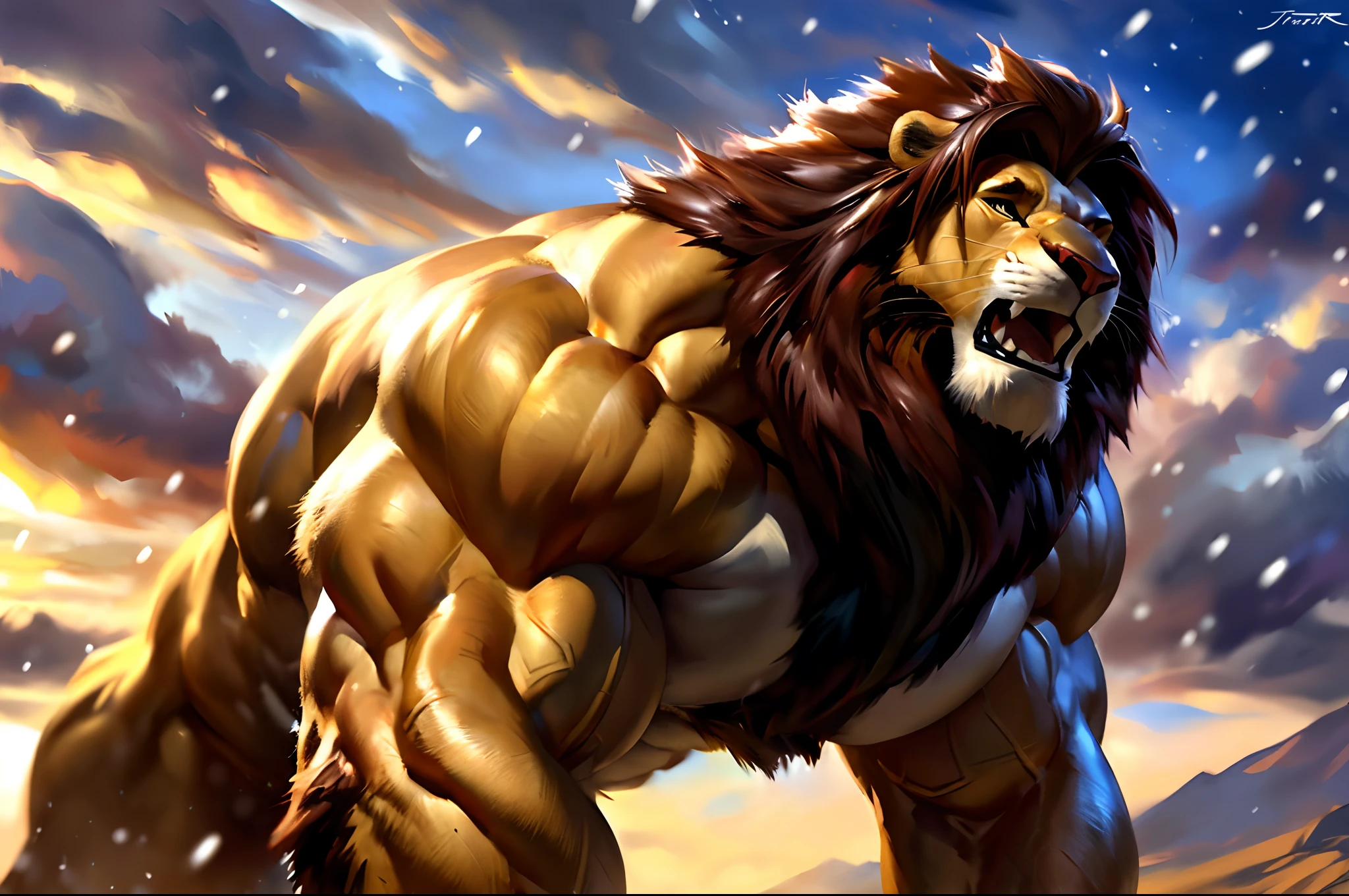 muscular feral:1 lion posing for the camera. 4k, high resolution, best quality, perfect colors, perfect shadows, perfect lighting, posted on e621, furry body, feral lion, quadruped lion, solo, male, adult, masculine, (muscular, dense build:1.4, muscular shoulders, strong pecs), correct anatomy, (photorealistic fur, detailed fur, epic, masterpiece:1.2), (detailed winter background, snowing, cloudy sky, sunset), sexy shadows, (by echin, by Taran Fiddler, by vorusuarts, by Traver009, by Juiceps), (detailed eyes:1.2), impressive physique, confident pose, strong pose, bothered face, exhausted, detailed eyes, looking at camera, close-up, open mouth, struggling, drooling, low-angle shot