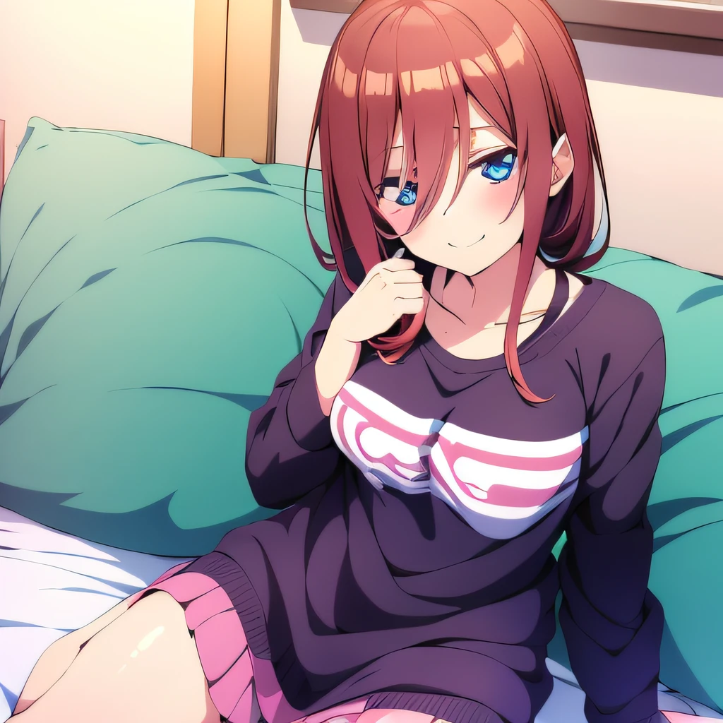 ((masutepiece)), ((Best Quality)), (Ultra-detailed), Anime style, on the bed, Cut s, 1girl in, Solo, ((Beautiful eyes))0, Smile