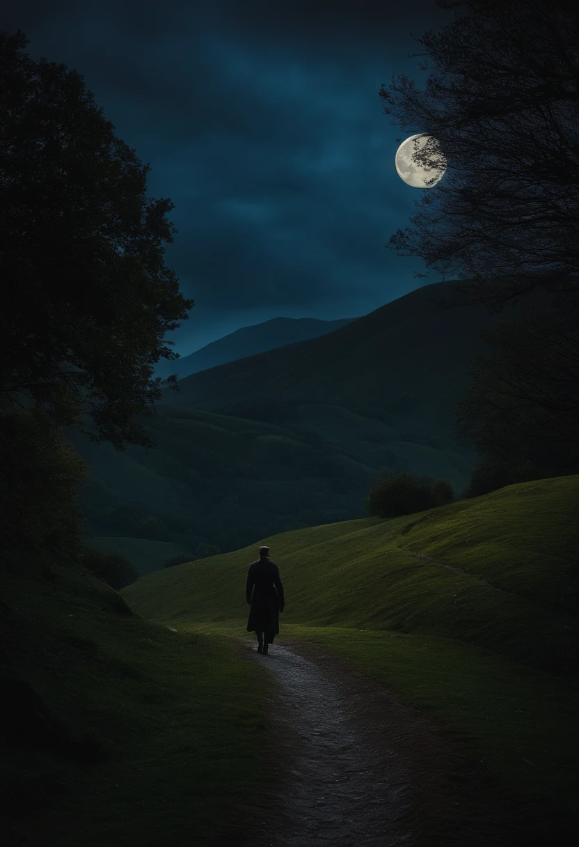 Landscape, hill, moon, light, pale, gloomy, heroic, medieval fantasy, adventurer on the road, dark, night