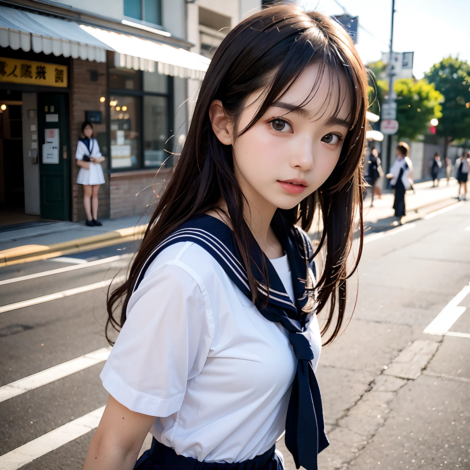 (masutepiece, Best Quality:1.2), 8K, Official art, Raw photo, Full Bord Bill Four、cute butt、Back angle、Two Beauties、On the way to take off the uniform、turned around、skinny、14years、small tits、unbelievable Ridiculous, (Upper body, 校服、a sailor suit:1.4), Beautiful Girl, Pretty Face, arching back down,、Gold hair ornament on hair、close up, Sailor Suit, Short sleeve, violaceaess, Teen, Street, Looking at Viewer, Film grain, chromatic abberation, Sharp Focus, face lights, Dynamic lighting, Cinematic lighting, Eyes and faces with detailed, Bokeh background,