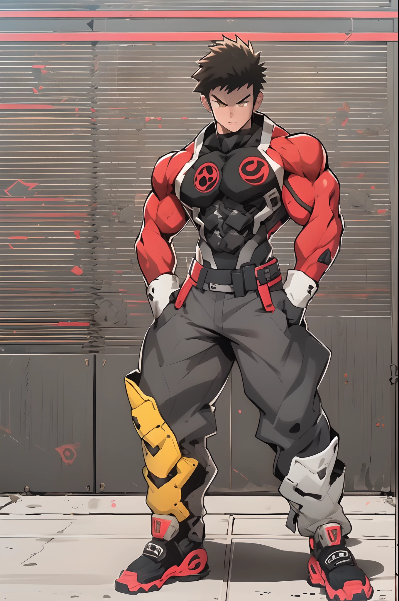 Anime style art, anime style drawing, front image, full body, muscular male character, protagonist, yellow eyes, short hair, hair with spikes, short hair, muscular character, wearing red long sleeve shirt, black sleeves, wearing gray pants, wearing white sneakers. Full body image, frontal image, protagonist character, heroic character, intimidating posture, muscular character, bodybuilder body, frontal image, full body image, Just a persaongem, muscular character!!, full body, assasin,sentai armors, unmasked, flipflops, cyborg