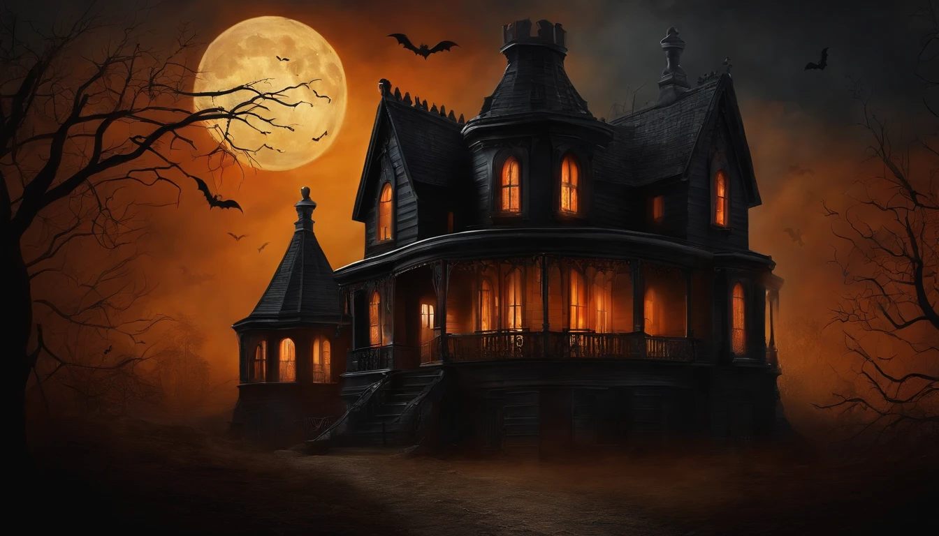 Pintura ART de pared, Dark Gothic Halloween Style Vintage. Pumpkin Design, Spooky Skulls in a Foggy Home.