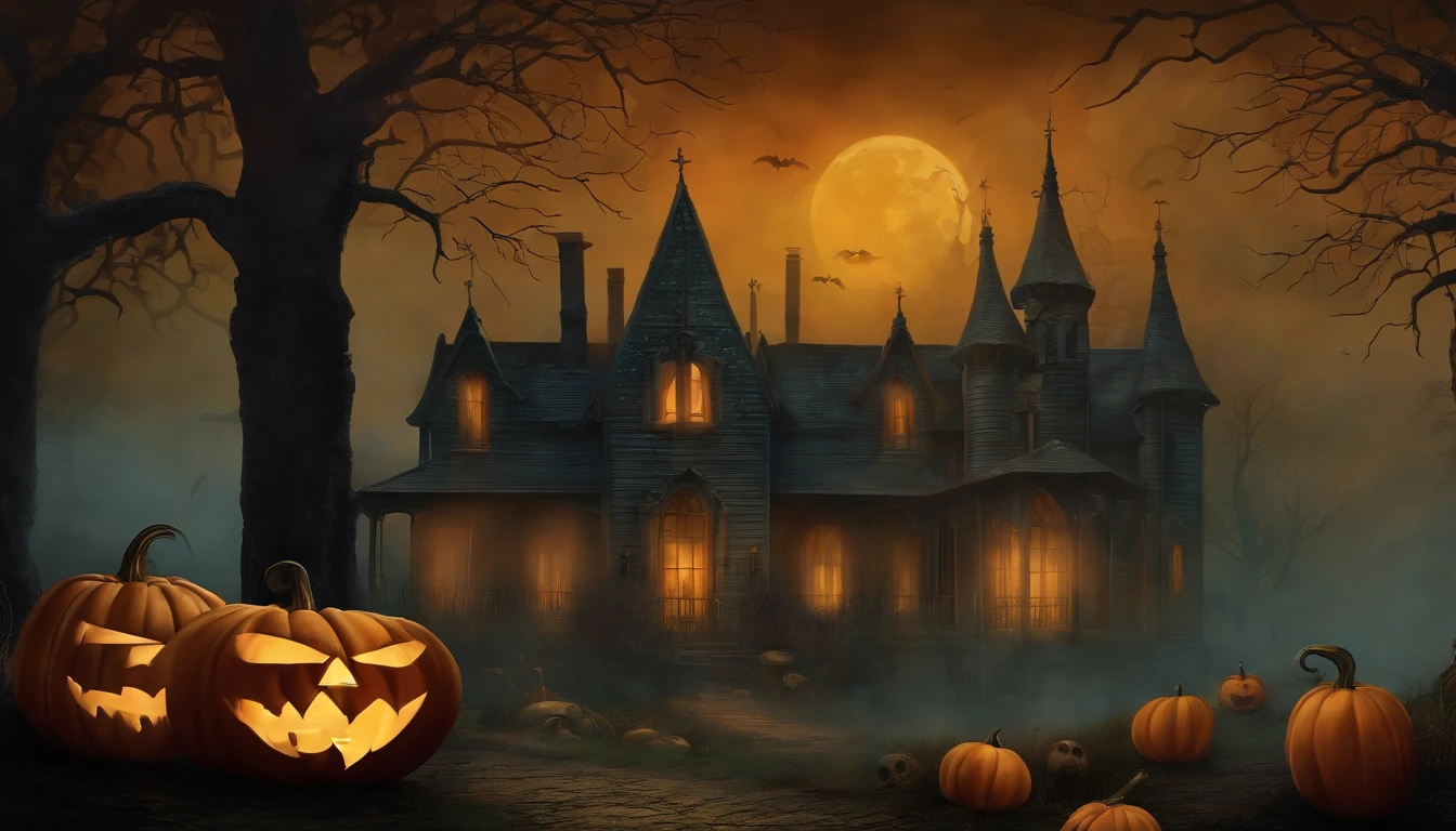 Pintura ART de pared, Dark Gothic Halloween Style Vintage. Pumpkin Design, Spooky Skulls in a Foggy Home.