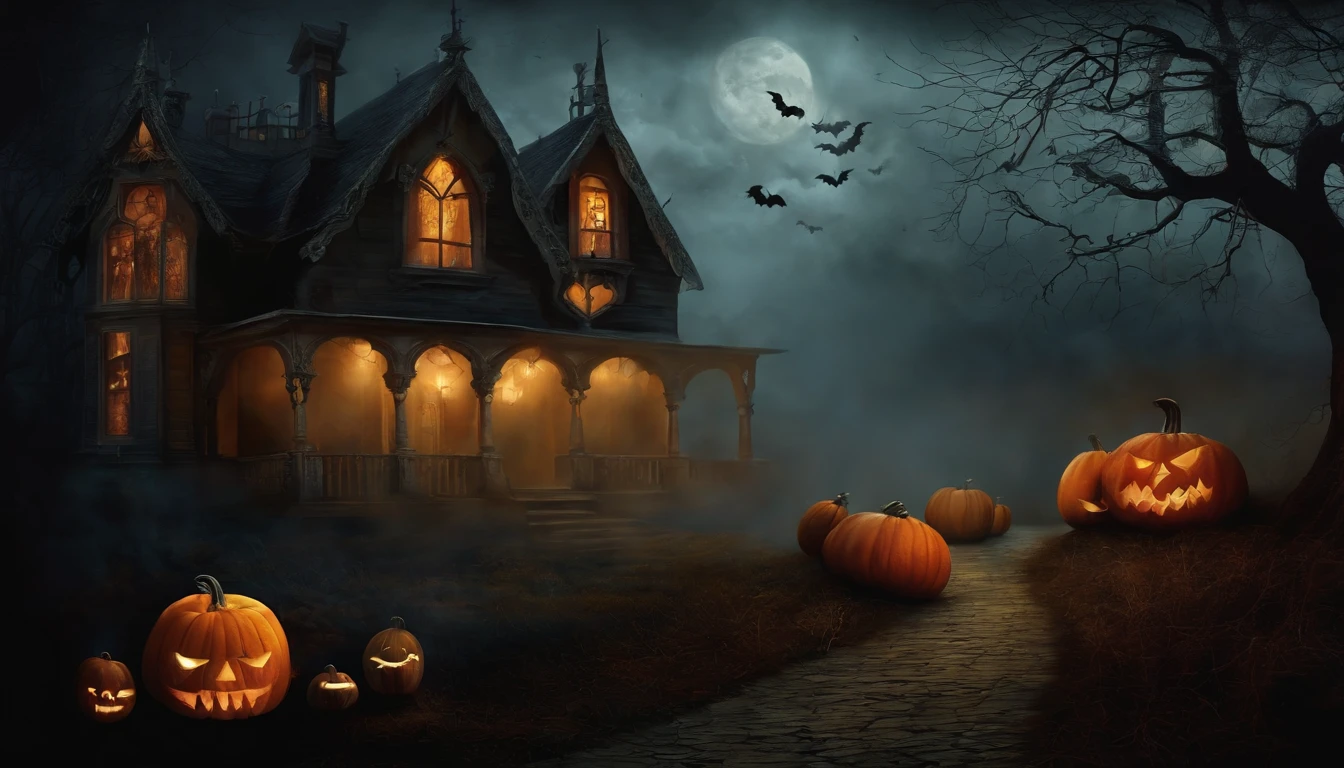 Pintura ART de pared, Dark Gothic Halloween Style Vintage. Pumpkin Design, Spooky Skulls in a Foggy Home.