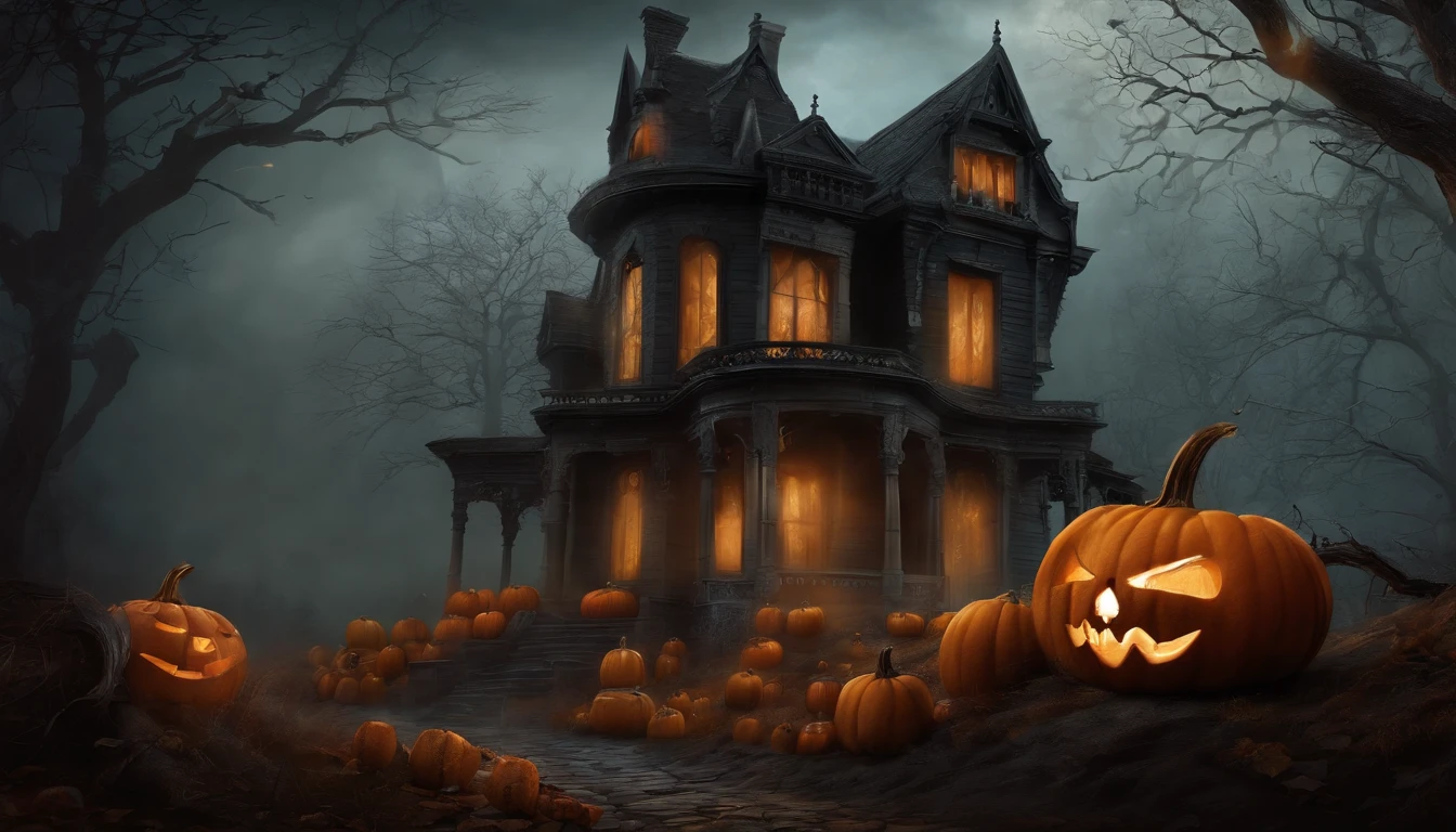 Pintura ART de pared, Dark Gothic Halloween Style Vintage. Pumpkin Design, Spooky Skulls in a Foggy Home.