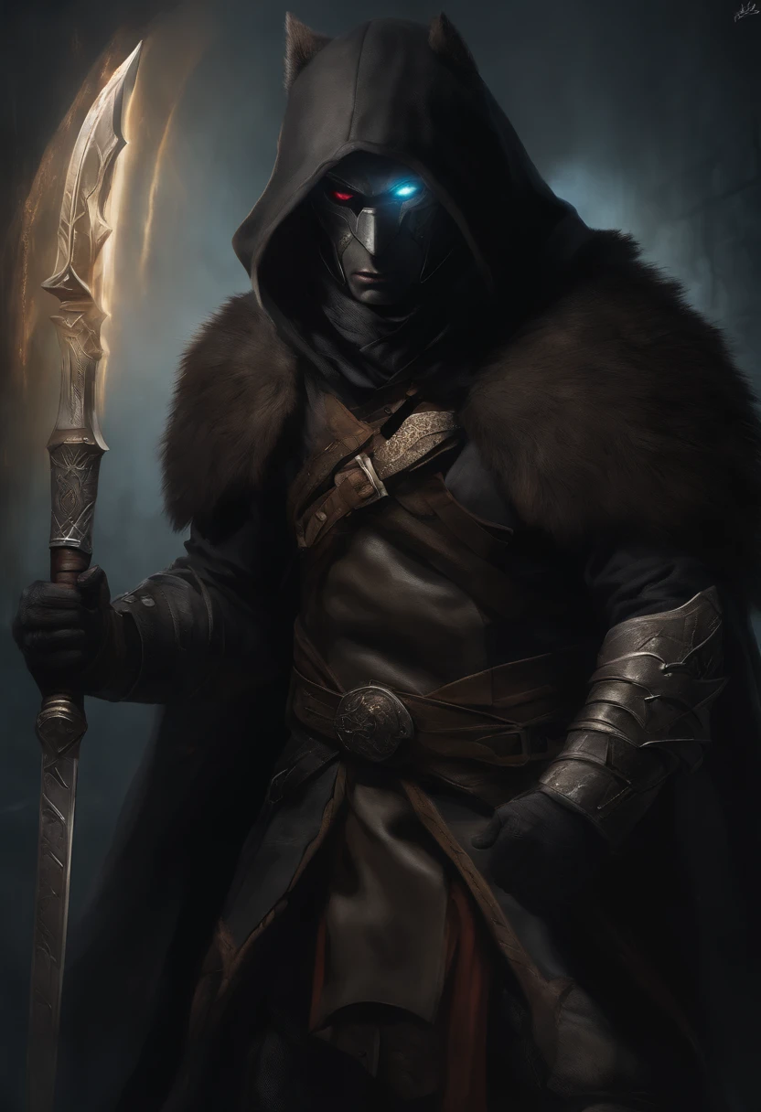 Front, close portrait, humanoid, wolf man, male, rogue, dagger, malicious, hiding, dungeon, black hood, light armor