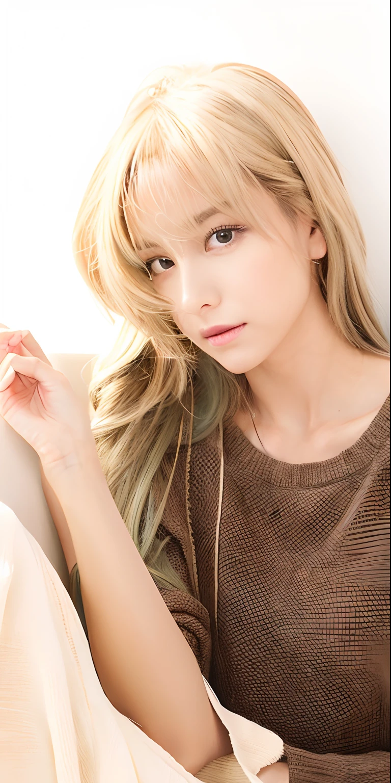A woman, long hair, brownish green hair, brown clothes, realistic