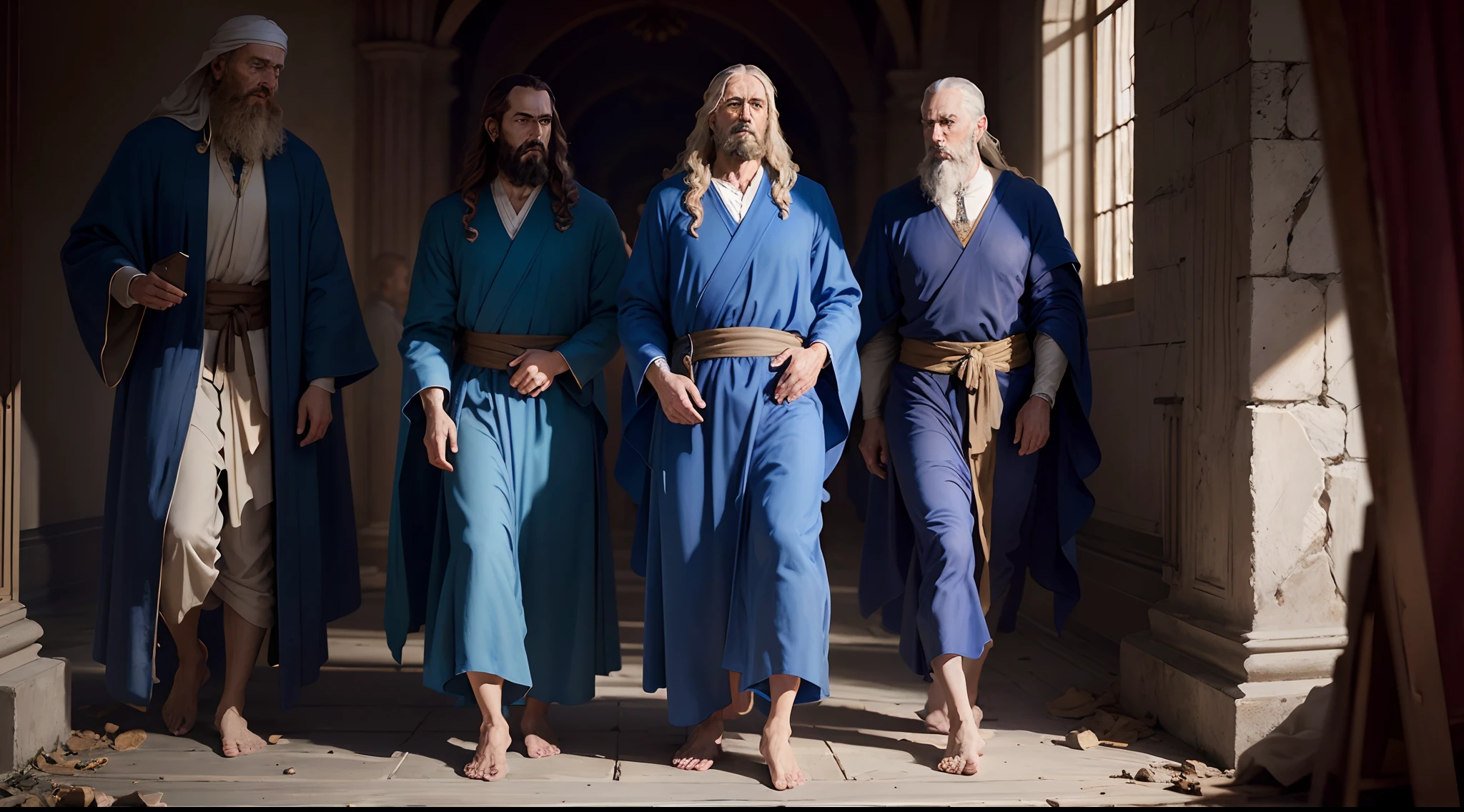 modelshoot style, (extremely detailed CG 8k wallpaper), ((full body photo)), 3 apostles of Jesus Christ: Peter Paul and John, talking, standing, barefoot, blue robes, poor and torn old men, majestic professional oil painting by Ed Blinkey, trend in ArtStation, Intricate, High Detail, sharp focus, dramatic and photorealistic painting art