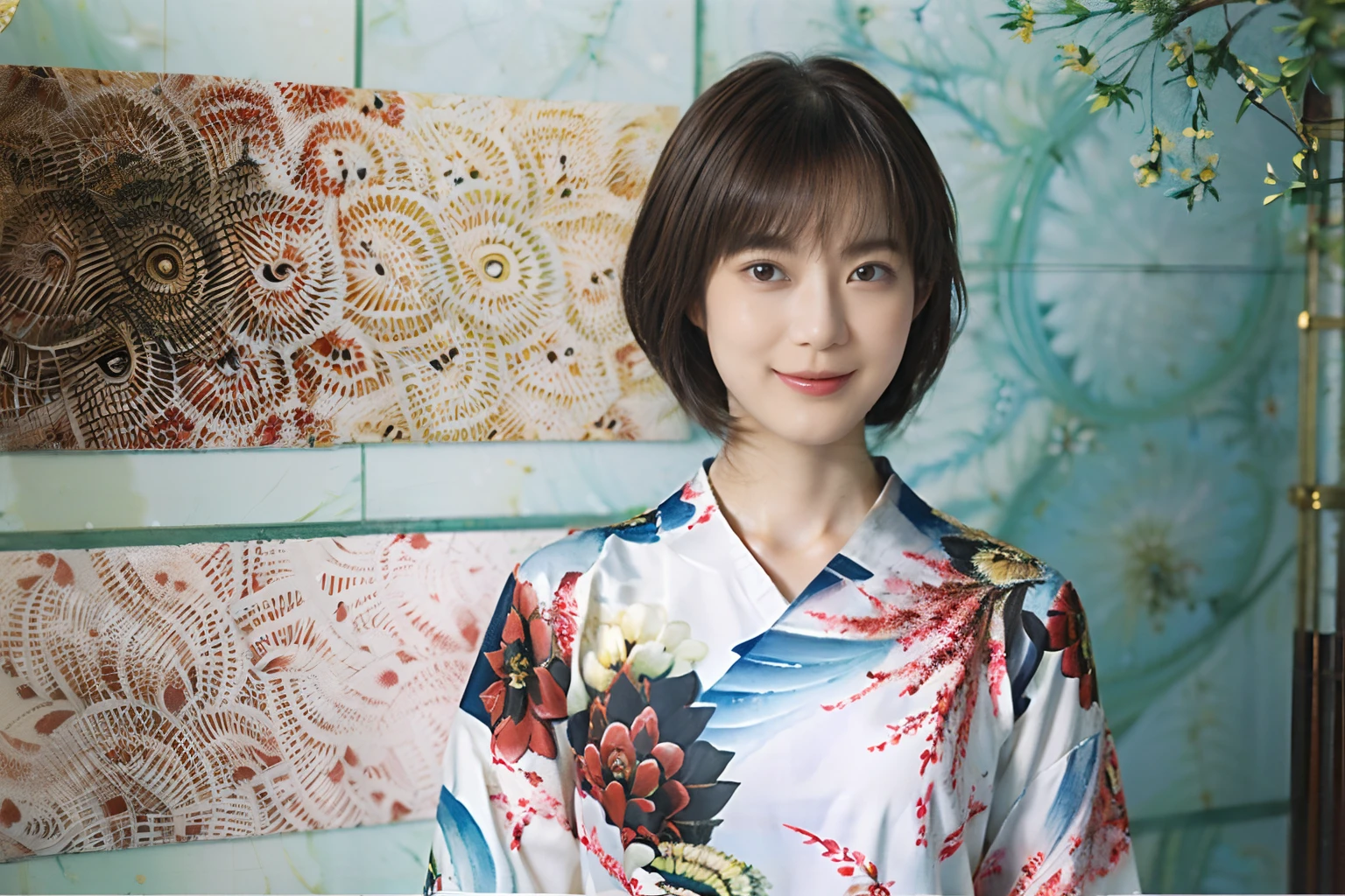 27
(Shorthair:1.23), (a 20 yo woman), (A hyper-realistic), (Masterpiece), (8KUHD), Focus on the face, (Fractal art:1.23),
Graphic long sleeve trainer printed with anime characters, (breast:1.23), (The wall of the room is a fractal abstract painting:1.23), a smile