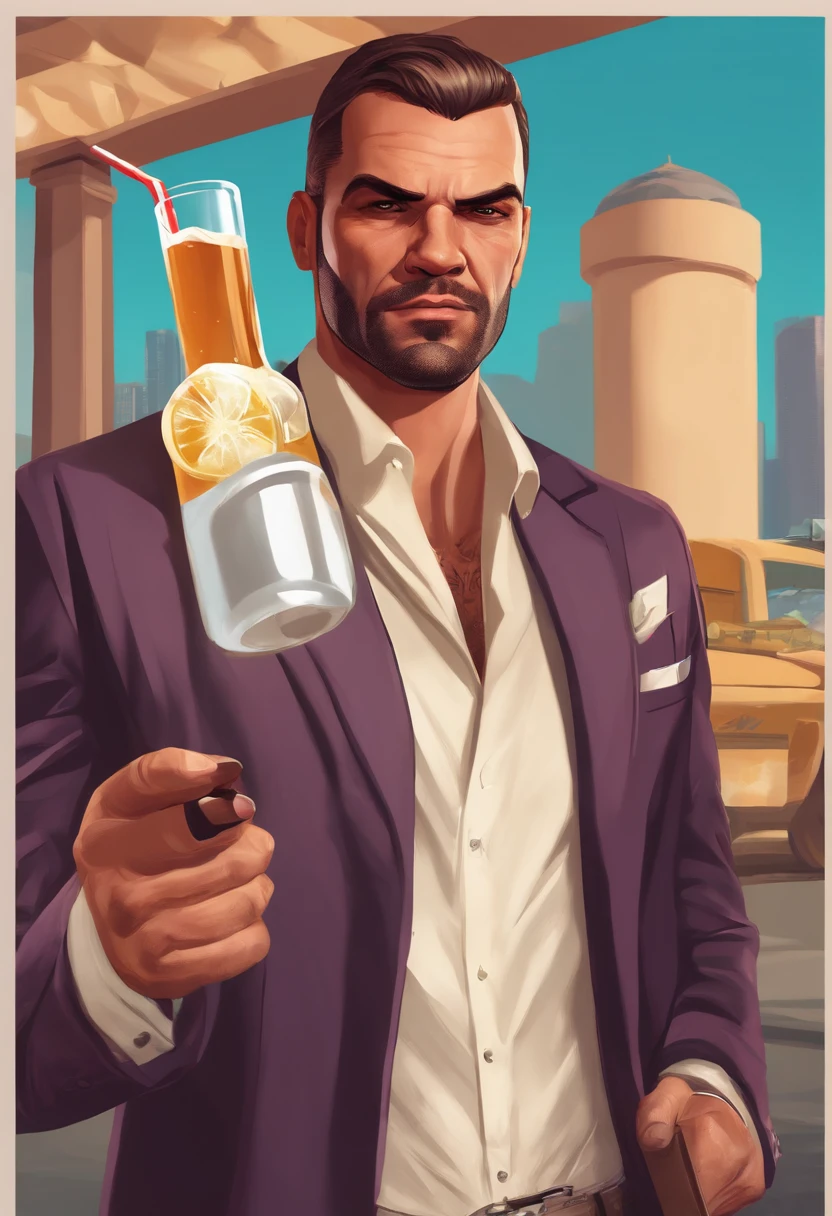 Homem jovem vestido de forma louca, Man with mad expression on his face, Man holding drink in hand, imagem estilo artwork, imagem estilo gta V, personagem do gta 5, alta qualidade, isolado em uma fundo branco