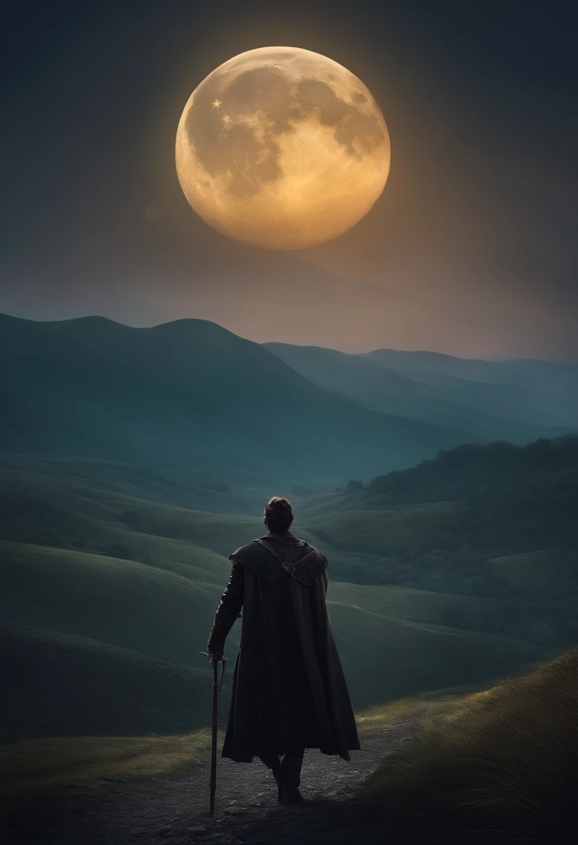 Landscape, hill, moon, light, pale, gloomy, heroic, medieval fantasy, adventurer on the road, dark, night, fantasy art style