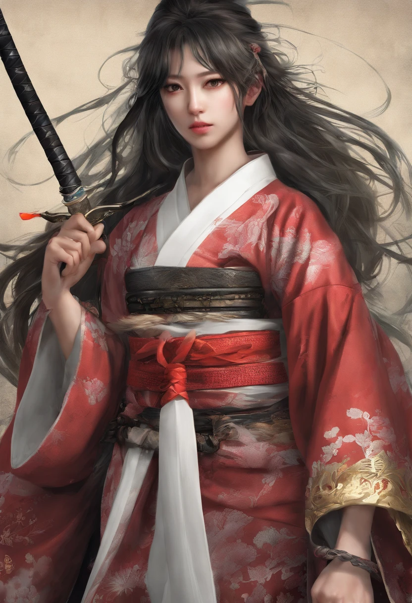 Melhor qualidade, altamente detalhado, 1 Asian,Cabelos Longos,olhos grandes laranja, Feet with shoes, vestindo kimono fechado, usando sapatos, sem nudez, espadachim, guerreira, huntress, Dragon Breath, mountain scenery, floresta, luta batalha, destruction, poder fluindo, katana, imagem de corpo inteiro usando kimono fechado, guerra, destruction, fogo, batalha, Oni Hunter, era taisho, medieval