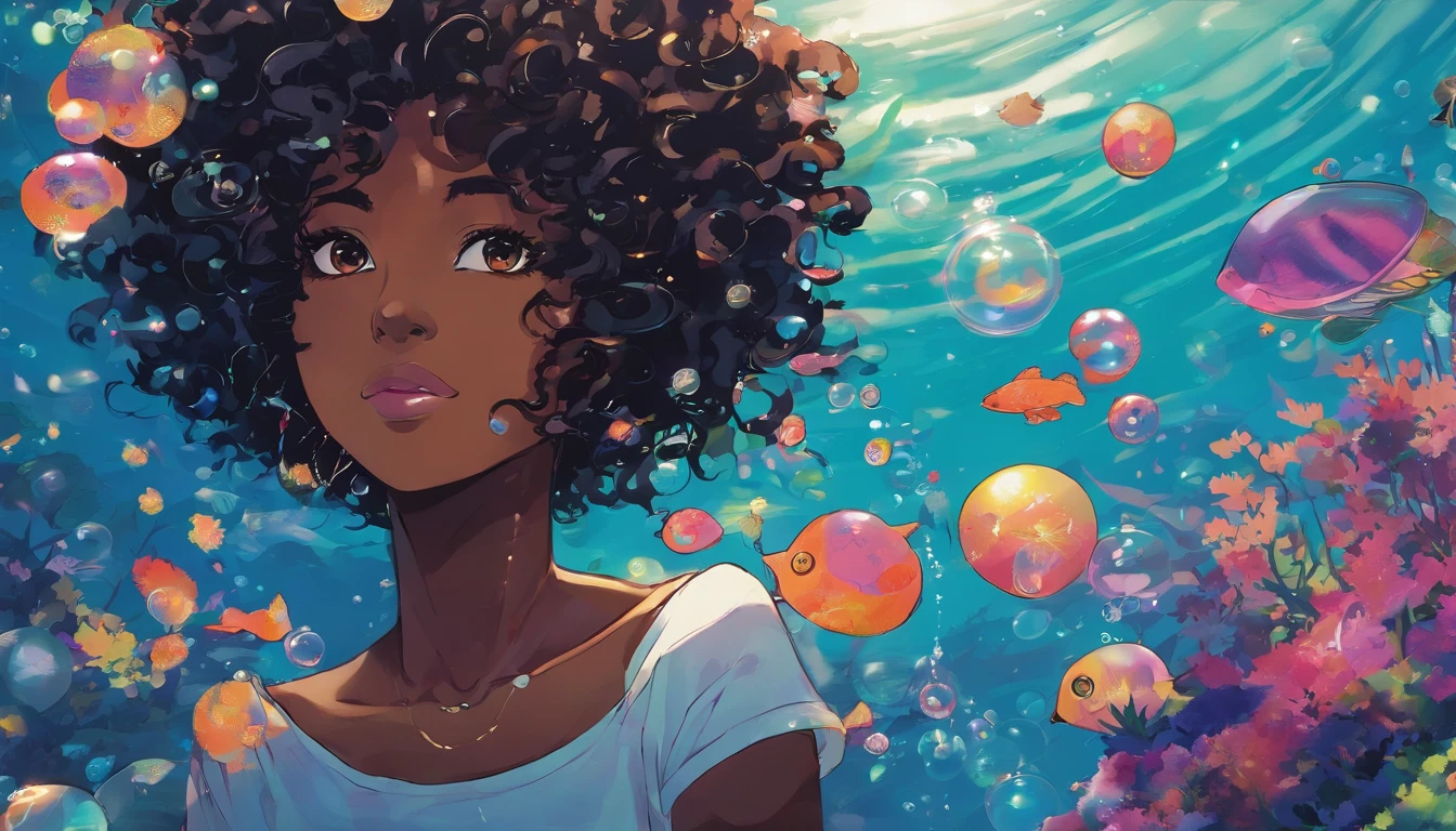 Dark skin, anime, girl, juvenile, super curly hair, innocent, underwater, sinking, bubbles
