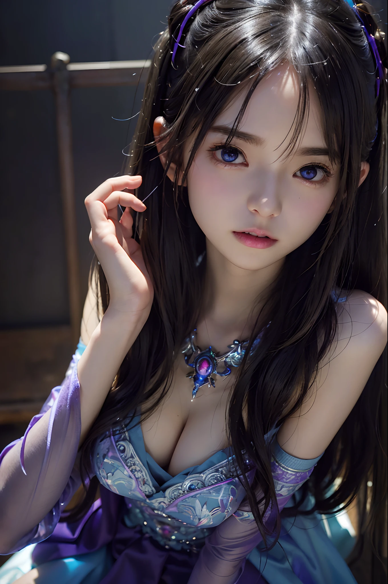 top-quality、​masterpiece、超A high resolution、(Photorealsitic:1.4)、1人、co-sleeping、Black hair、glowy skin、((super realistic details))、Global Illumination Octane Rendering、in 8K、ultrasharp、Raw skin is exposed in cleavage、metals、gear wheel、Hydraulic cylinder、Details of complex ornaments、Gothloli details、Luminous tube、highly intricate detail、Realistic light、a purple eye、radiant eyes、Facing the camera、neon details、blood vessels connected to tubes、Mechanical vertebrae attached to the back、mechanical cervical attaching to neck、sitting on、Wires and cables connecting to the head、Small LED lamp、depth of fields、Brobby background