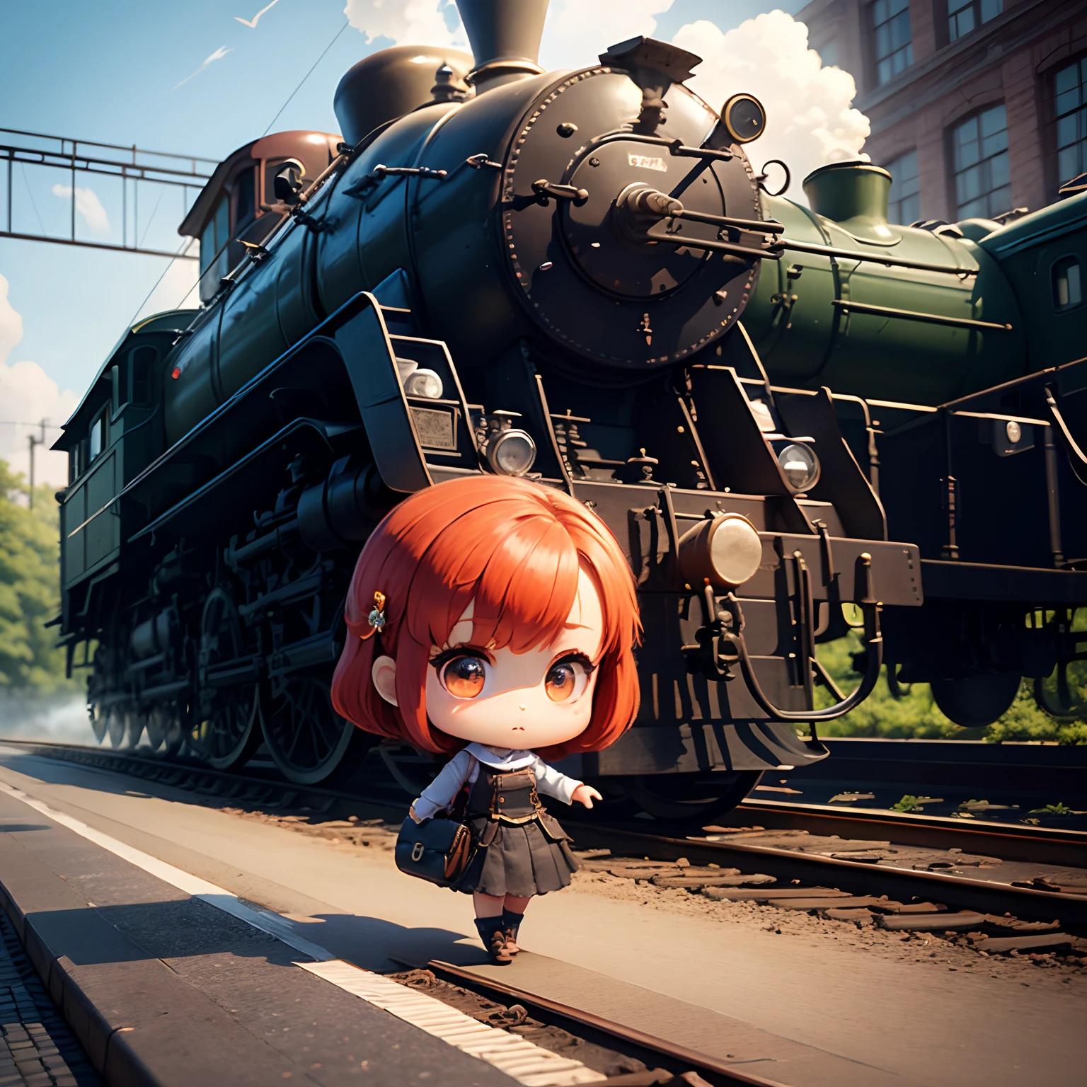 ​masterpiece、top-quality、ultra-detailliert、(Chibi Chara:1.2)、steam train、Station platform、Carry Case、voyage、Standing