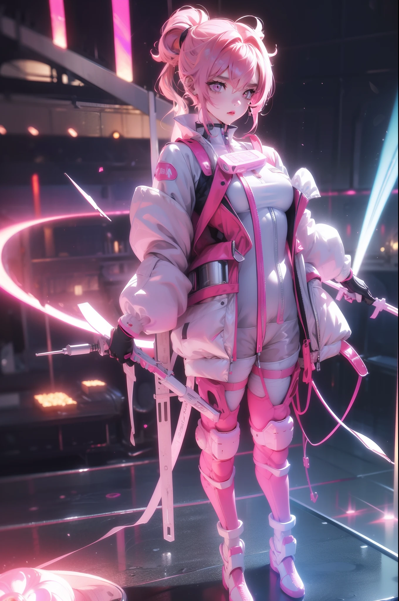 （tmasterpiece：1.3），（best qualtiy：1.3），。.3D，8K，.1girll，独奏，Pink hair，Pink eyes，shelmet，full bodyesbian，Spacesuit，tightsuit，mitts，standing on your feet，Q version