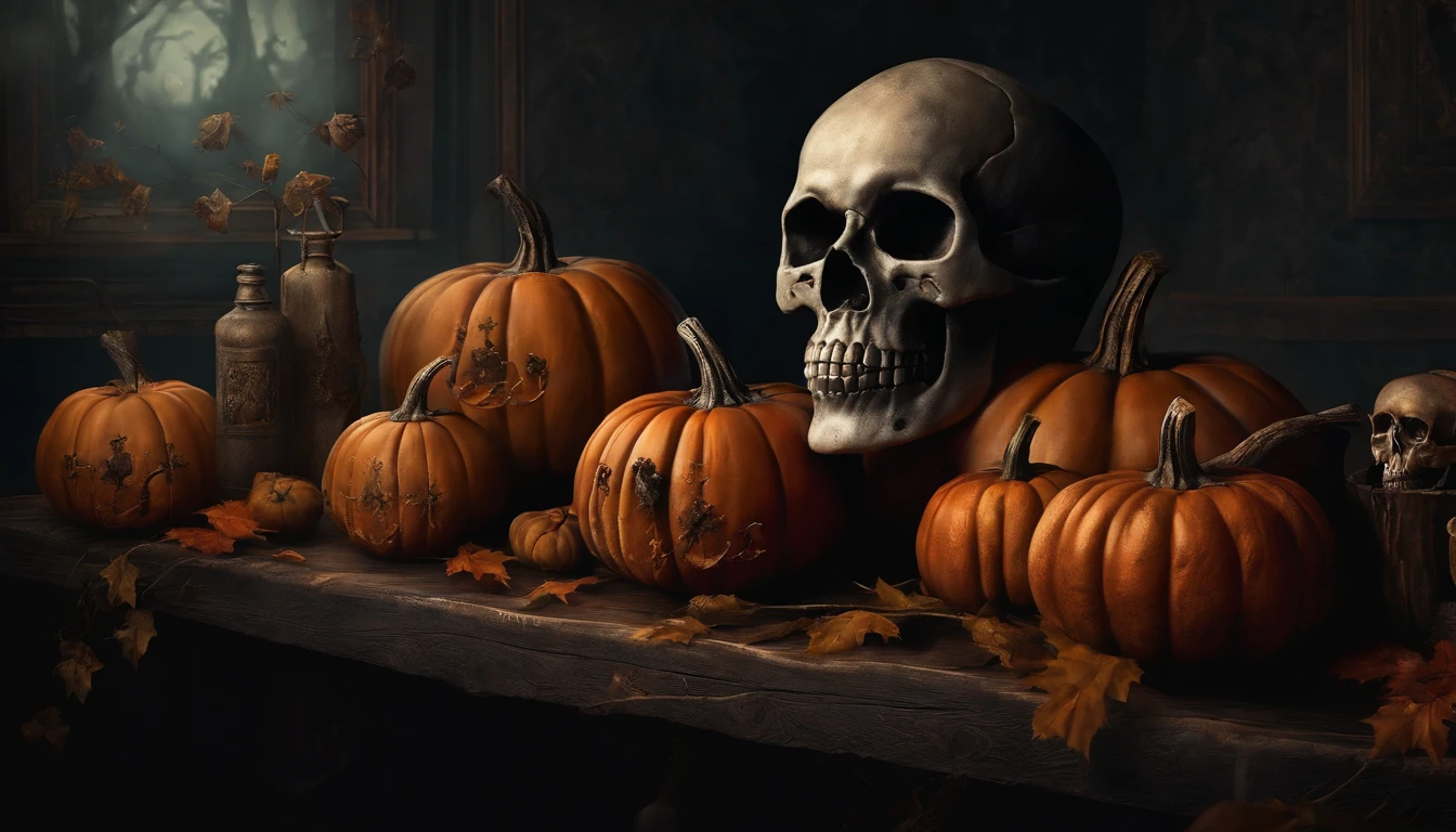 Pintura ART de pared, Dark Gothic Halloween Style Vintage. Spooky Design of Pumpkins and Skulls of the Dead on a Table. Estilo pintura.