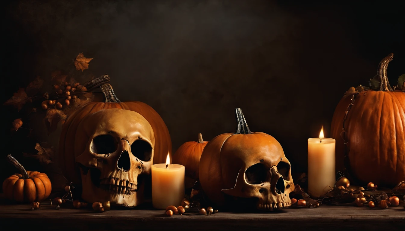 Pintura ART de pared, Dark Gothic Halloween Style Vintage. Spooky Design of Pumpkins and Skulls of the Dead on a Table. Estilo pintura.