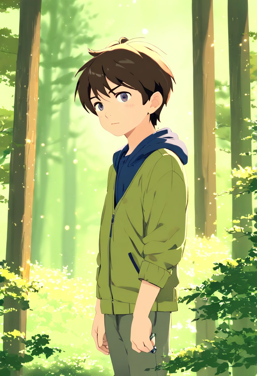 Little boy on a forest adventure、perfectquality、clear focus、 (masuter piece: 2.1) (realisitic: 1.2) (Bokeh) (top-quality) (Detailed skin: 1.3) (detaileds (8K) (More about green eyes) (Focus Sharpening) 2.1