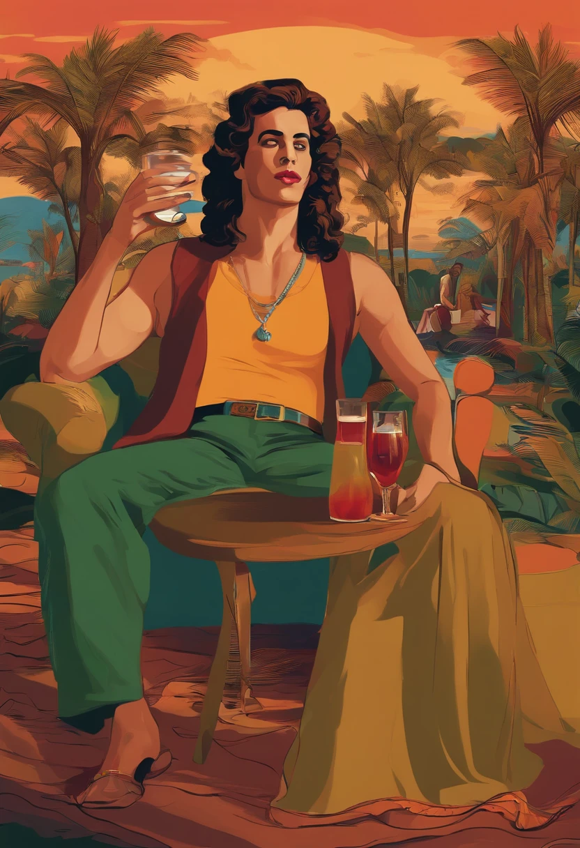 Homem jovem vestido de forma louca, Man with mad expression on his face, Man holding drink in hand, imagem estilo artwork,