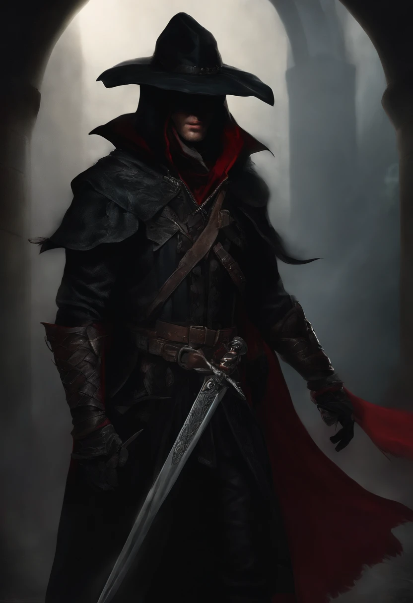 Front, close portrait, humanoid, werewolf form, male, rogue, dagger, malevolent, hiding, dungeon, black hood, light armor, black witch hunter hat