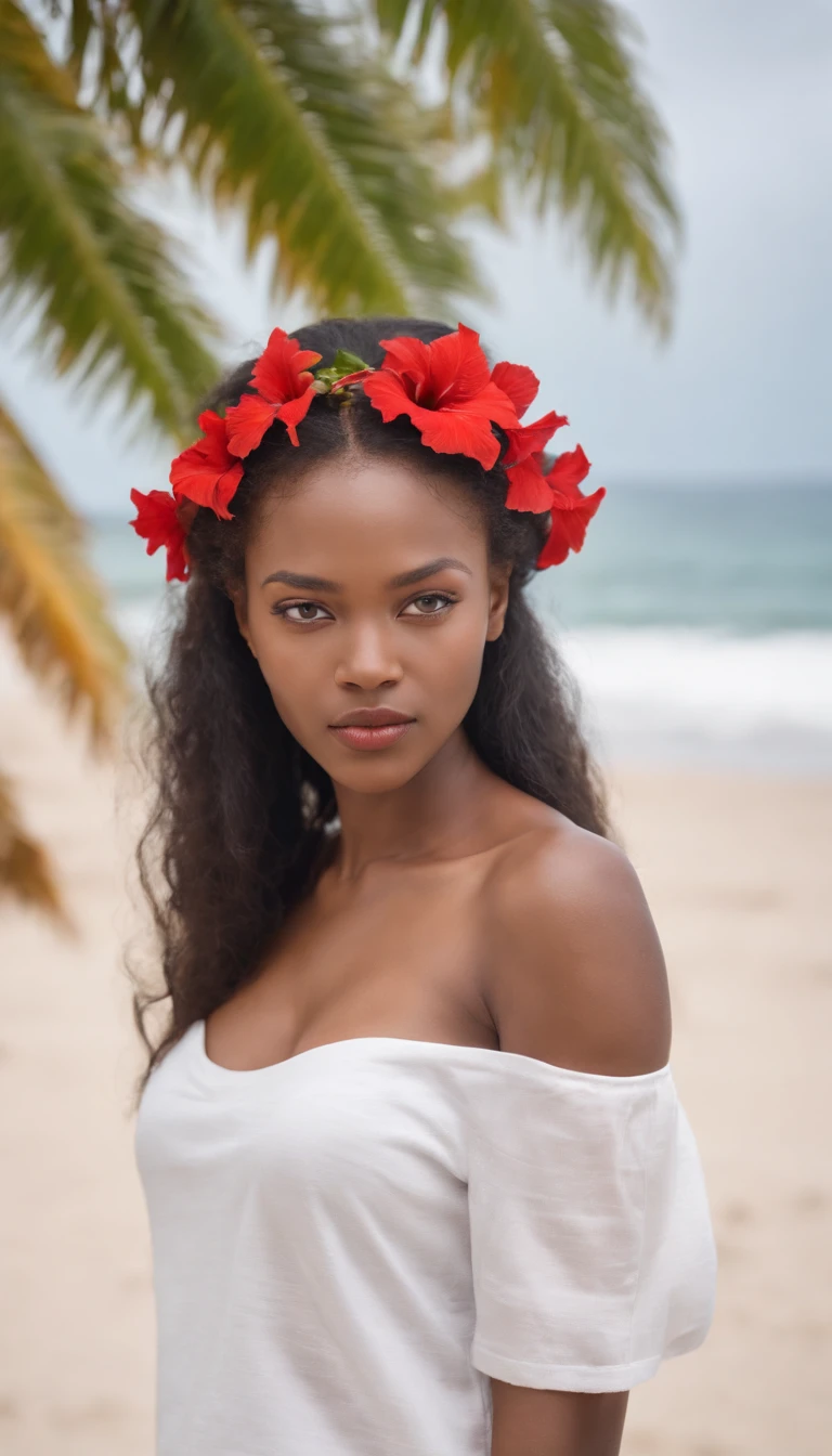 beautiful young African woman, small breasts, black power style hair, red hibiscus flower in her hair, wearing a long white t-shirt, on the sand, sea in the distance, coconut trees. Full body image