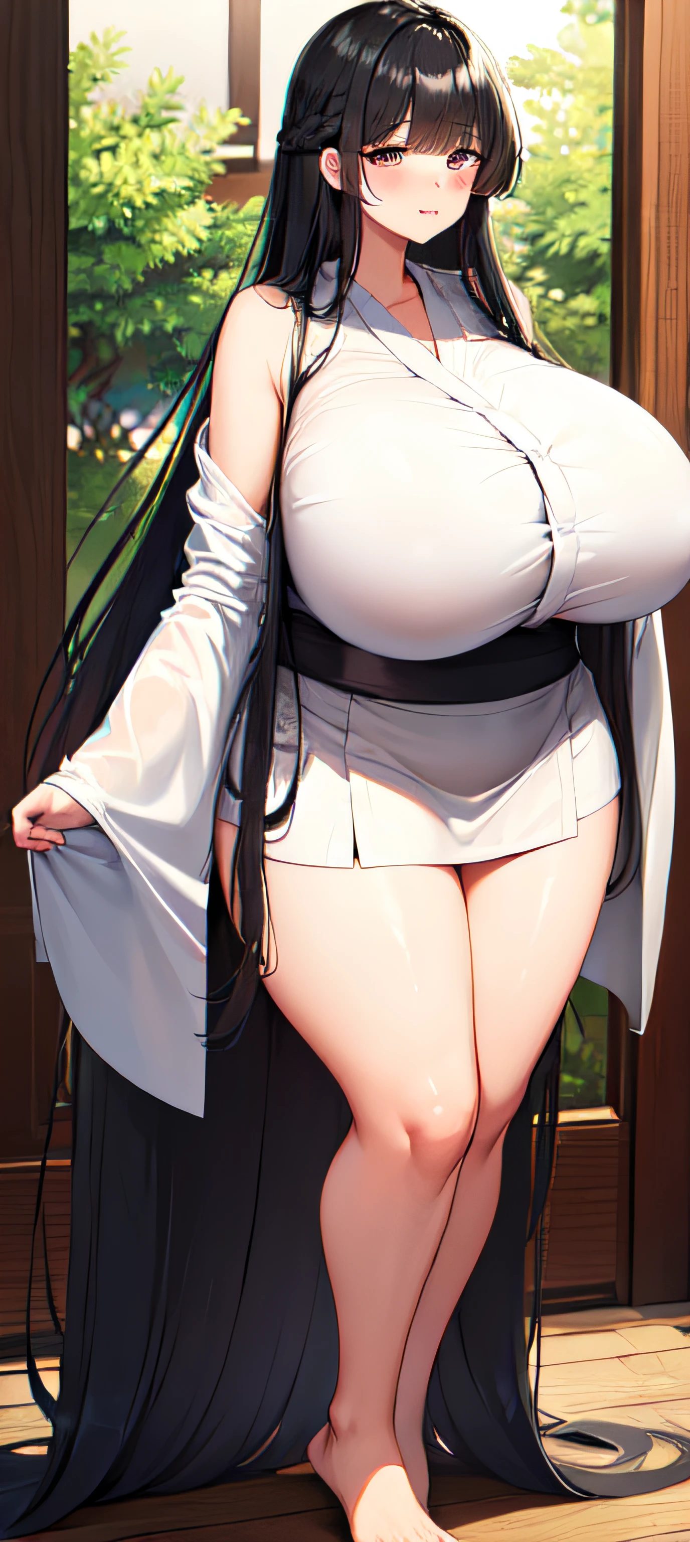 (((very long hair, smooth hair, blunt bangs))), thicc, very big breast, huge breast, short yukata, obese girl, full body shot