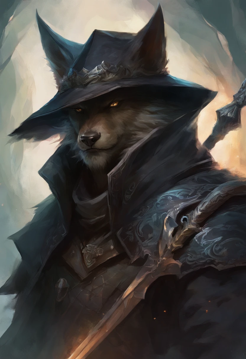 Front, close portrait, werewolf form, male, rogue, dagger, malevolent, hiding, dungeon, black hood, light armor, black witch hunter hat