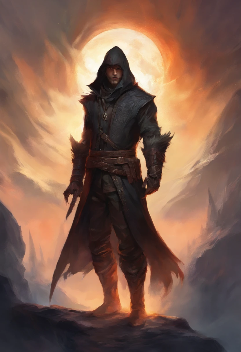 Front, close portrait, werewolf form, male, rogue, dagger, malevolent, hiding, dungeon, black hood, light armor, black witch hunter hat