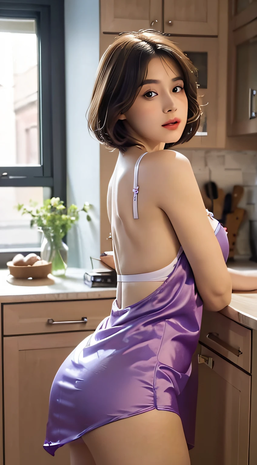 A girl in the kitchen, wearing a satin apron with butterfly briefs underwear. She has beautiful detailed eyes and lips with an asymmetrical bob hair. The girl has a slouching pose. The image should be in the best quality with realistic details, emphasizing the girl's big breasts and big butt. The scene should be realistic and depict the kitchen environment.
