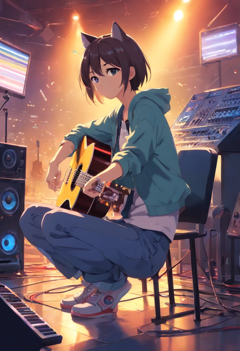 Anime rock,cat, guitar on back,dj set