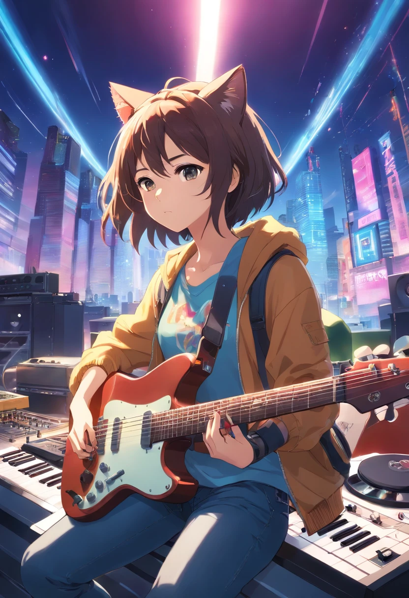 Anime rock,cat, guitar on back,dj set