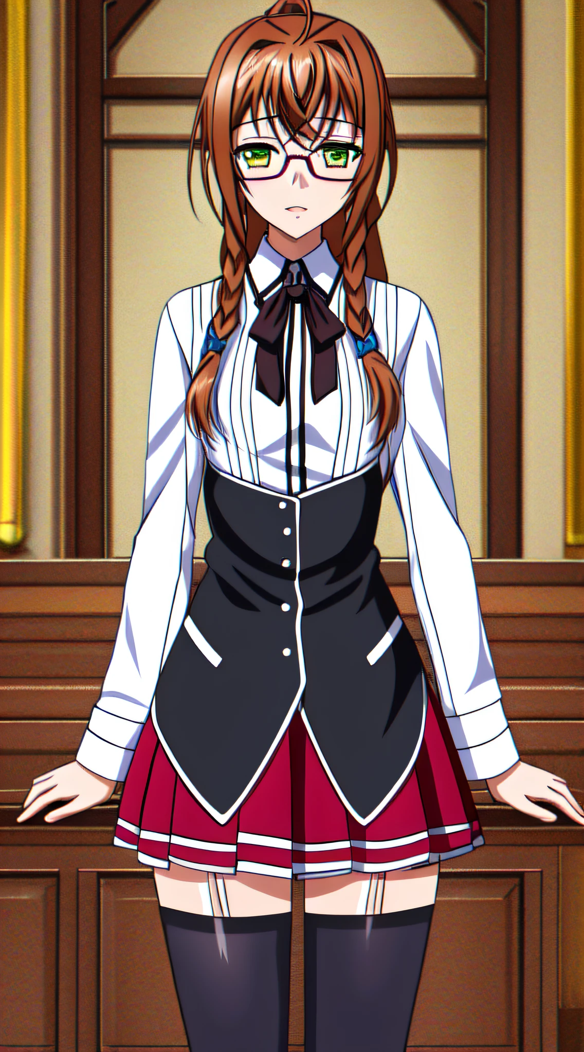 masterpiece, best quality, ultra-detailed, hires, beautiful, detailed hair and eyes,1girl, solo, brown hair, glasses, twin braids, yellow eyes, looking at viewer,  pink-framed eyewear, green eyes, Aika Kiryuu dxd, small breasts, (dxd clothes:1.6), school uniform, skirt, white shirt, black boots, red skirt, black corset, School jarden,