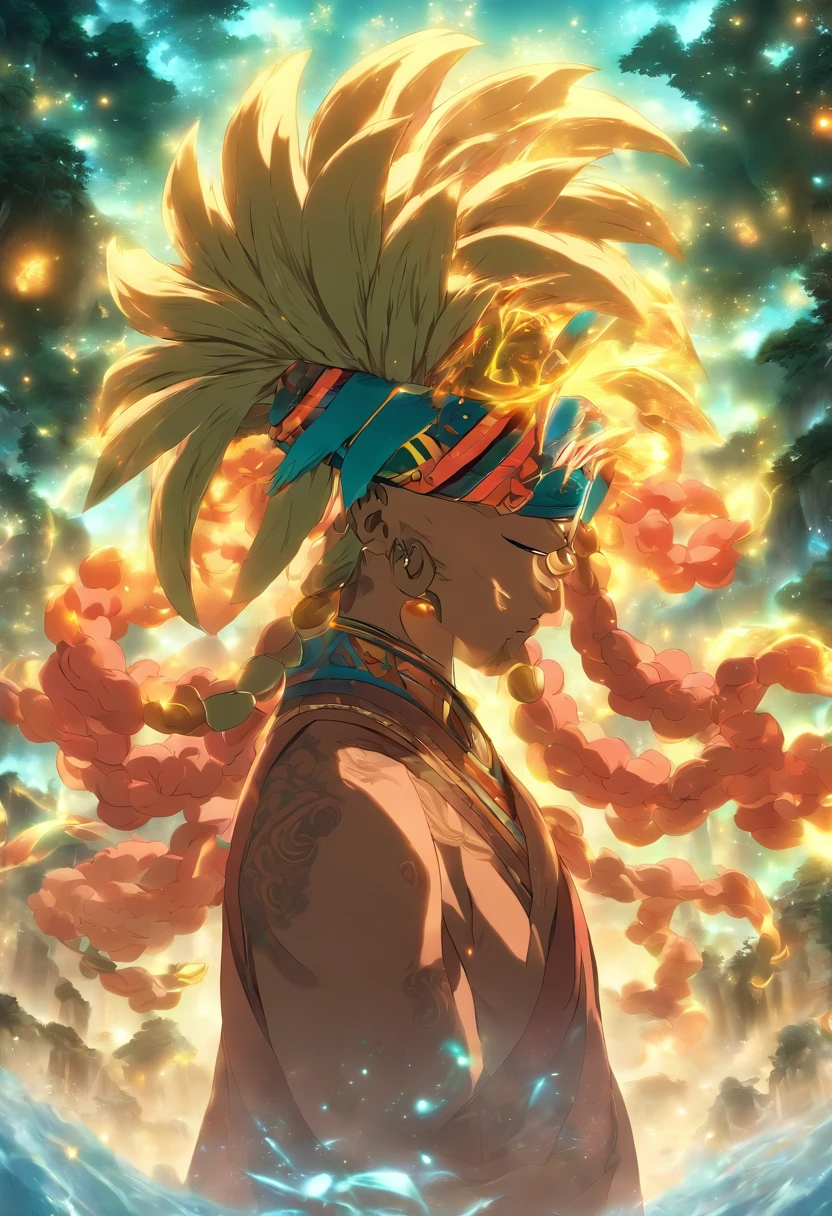 (((Abaangui))) best quality, ultra-high resolution, 4K detailed CG, masterpiece, Guarani god, waning moon, Tupi-Guarani mythology, aesthetics, ((no nose)), beautiful image, screen-centered , full body