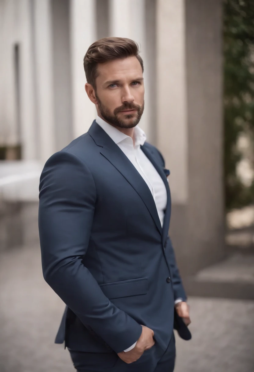 very handsome athletic 35 year old athletic male with with short brown hair and 3 day beard inexpensive business suit