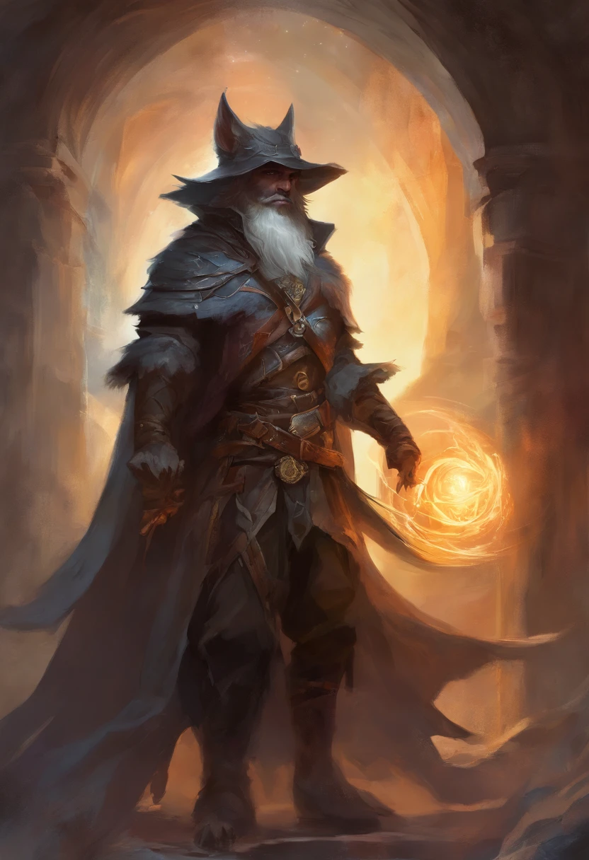 Front, close portrait, werewolf form, male, rogue, malevolent, hiding, dungeon, light armor, black witch hunter hat